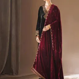 Jaypore Maroon Red Velvet Embroidered Shawl-picture-28