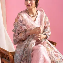 VASTRAHUT Floral Embroidered V-Neck Sequinned Straight Kurta With Trousers & Dupatta image 2