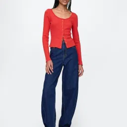 GAP Red Solid Long Sleeves Textured Top image 3