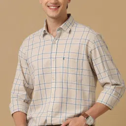 CAVALLO by Linen Club Blue & Beige Contemporary Fit Check Shirt image 3