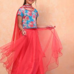 BIBA Girls Blue & Coral Embellished Lehenga, Choli with Dupatta-picture-41