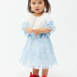 One Friday Kids White & Blue Printed Regular Fit Dress-image-90