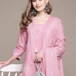 Readiprint Fashions Women Floral Printed Beaded Cotton Kurta with Trousers & With Dupatta image 1