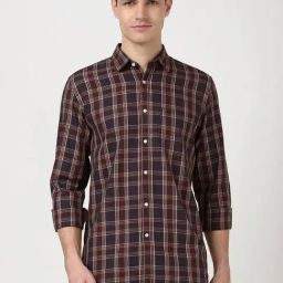 Peter England Maroon Cotton Slim Fit Checks Shirt-picture-17