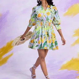 20Dresses Happi Space Floral Printed V-Neck Fit & Flare Gathered Pure Cotton Mini Dress-picture-24