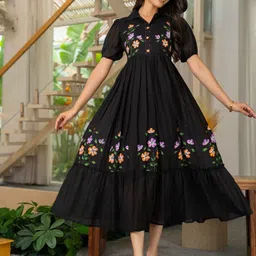 all about you Women Floral Printed Shirt Collared Puff Sleeve Fit & Flare Midi Dress-image-83