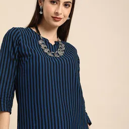 Anouk Women Navy Blue & Black Striped Pure Cotton Regular Kurta with Trousers-image-8