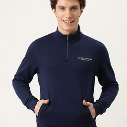 Flying Machine Men Navy Blue Logo Printed Half-Zipper Pure Cotton Pullover Sweatshirt-picture-20
