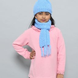 Funkrafts Handmade Woollen Bubble Self Knitted Muffler With Cap Set - Blue-image-28