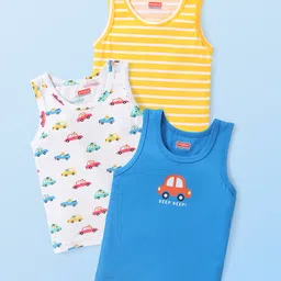 Babyhug 100% Cotton Knit Sleeveless Vests with Striped & Vehicle Print Pack of 3 - Multicolor-picture-25