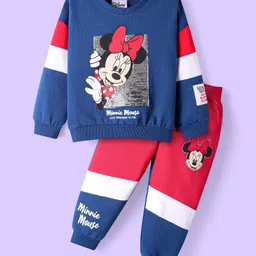 Babyhug Disney Cotton Knit FullSleeves Cut & Sew Minnie Mouse Printed Sweatshirt & Track Set with Sequin & Badge Detailing- Blue & Red-picture-23