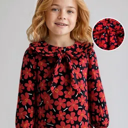 Babyhug Rayon Woven Full Peasant Sleeves Peter Pan Collared Floral Print Top - Red & Black-picture-26