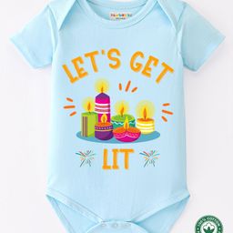 BLUSHES Diwali Theme 100% Cotton Half Sleeves Lets Get Lit Text Printed Onesie - Blue-picture-2