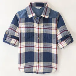 INFINITY Indigo Cotton Herringbone Twill Full Sleeves Checks Shirt- Navy With Red-picture-10