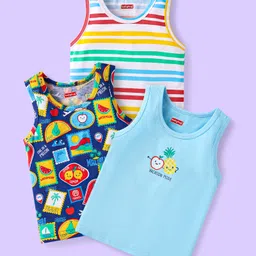 Babyhug 100% Cotton Knit Antibacterial Sleeveless Sandos with Stripes & Beach Theme Print Pack of 3 - Light Blue & Navy Blue-picture-36