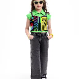 Ollington St. Set of Cotton Waist Coat & Denim Pants With Printed Inner Knit Top - Green & Black-picture-25
