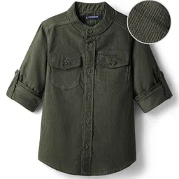 Pine Kids Cotton Woven Full Sleeves Solid Shirt with Mandarin Collar & Front Pockets - Dark Olive Green-picture-13