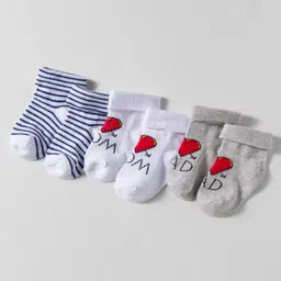 Doodle Poodle Cotton Knit Ankle Length I Love Mum Dad Printed Socks Pack of 3 - White & Grey image 1