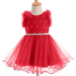 Enfance Sleeveless Pearls Embellished Pleated Knee Length Dress - Red image 1