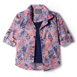 Dapper Dudes Half Sleeves Leaves Printed Shirt With Attached Tee - Navy Blue-image-5