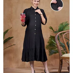 Lovely Mom's Rayon Woven Three Fourth Sleeves Solid Maternity Dress With Nursing Access - Black-picture-28