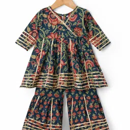 TEENTAARE Cotton Woven Three Fourth Sleeves Kurta Gharara Set With Floral Print - Navy Blue-picture-17
