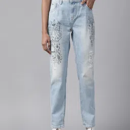 Pepe Jeans Women Comfort Tapered Fit Mildly Distressed Printed Pure Cotton Jeans-picture-18