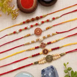 eCraftIndia Set of 7 Multicolor Rudraksha Pearls, Om, Shri Religious Rakhis image 3