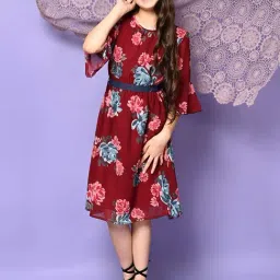 LilPicks Kids Maroon & Sky Blue Floral Print Dress-image-2