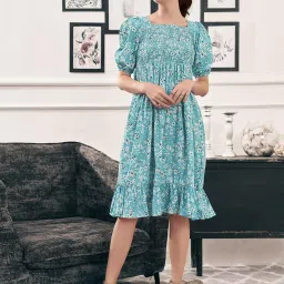 SELVIA Blue & White Floral Print Fit & Flare Dress image 3