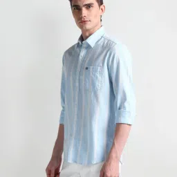 Arrow Sport Light Blue Cotton Slim Fit Striped Shirt image 3