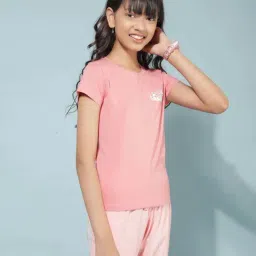 Crimsoune Club Girls Peach Cotton Solid T-shirt-image-44