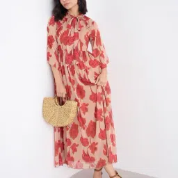 Styli Beige Synthetic Printed A-Line Dress image 3