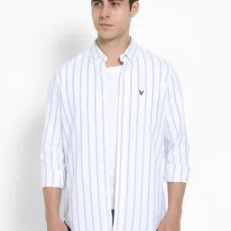 American Eagle White Cotton Slim fit Stripes Shirt-image-79