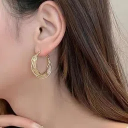 PolluxCraft Gold-Plated Artificial Stones Studded Contemporary Korean Hoop Earrings-picture-10