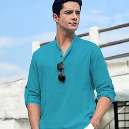 APEKTRA Full Sleeves Mandarin Collar Cotton Slim Fit Short Straight Kurta-image-63