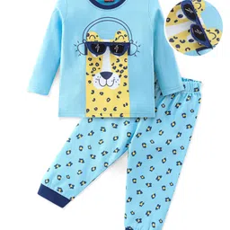 Babyhug Cotton Knit Full Sleeves Night Suit With Leopard Print & Embroidery - Blue-picture-13