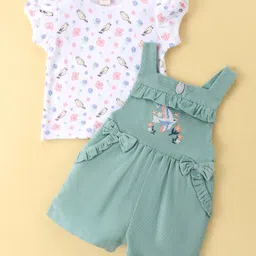 ToffyHouse Cotton Knit Dungaree &Half Sleeves T-Shirt Bird & Floral Embroidery & Bow Applique - Earthen Green-image-33