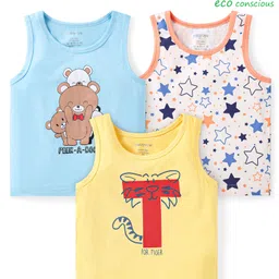 Babyoye Cotton Elastane Knit Sleeveless Vests With Star & Bear Print Pack Of 3 - Yellow White & Light Blue-image-37