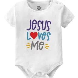 Baby Buzz 100% Cotton Half Sleeves Jesus Loves Me Text Printed Onesie - White-picture-17