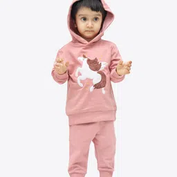 Ariel Pure Cotton Knit Full Sleeves Unicorn Printed Light Winter Hooded Sweatshirt & Joggers Set - Pink-picture-32