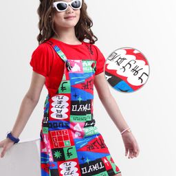 OLLINGTON ST. Cotton Half Sleeves Top & Printed Knit Pinafore - Red & Multicolor-picture-46