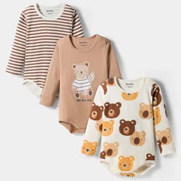 Bonfino 100% Cotton Knit Full Sleeves Striped & Teddy Bear Printed Onesies Pack of 3 - White Brown & Off White-picture-30
