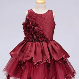 Enfance Sleeveless Floral Applique Detailed Knee Length Layered Dress - Maroon-image-23
