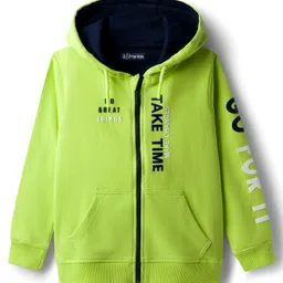 Pine Kids Cotton Knit Full Sleeves Hooded Sweatjacket With Text Print & Kangaroo Pockets - Limegreen-picture-22