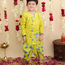 BownBee Pure Cotton Woven Full Sleeves Monkey Printed Dhoti Kurta Set - Yellow image 1