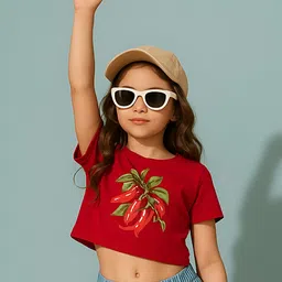 BaawRi Viscose Knit Half Sleeves Red Chilli & Leaves Printed Crop Tee - Red-picture-17