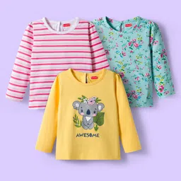 Babyhug 100% Cotton Knit Full Sleeves T-Shirts with Stripes Animal & Floral Print Pack of 3 - Light Blue Pink & Yellow-picture-17