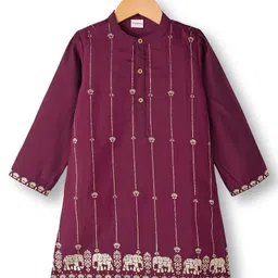 Babyhug Cotton Blend Full Sleeves Kurta Dhoti Set with Foil Floral & Elephant Print - Maroon image 2