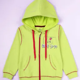 Kiddopanti Fleece Knit Full Sleeves Anime Girl Printed Light Winter Hooded Sweatshirt With Straight Fit Jeans Set - Neon Green & Blue image 3